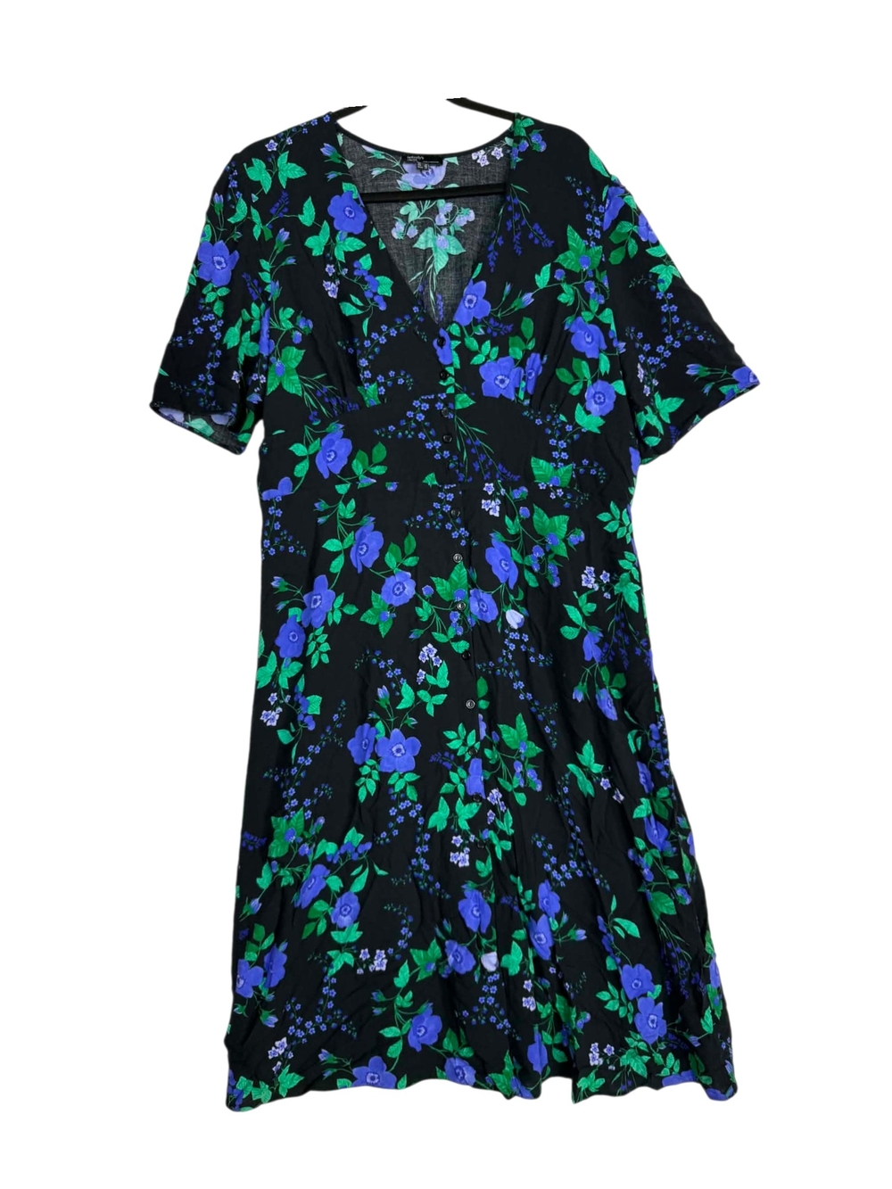Noboby's Child Black Floral V-Neck button downMidi Dress with Blue & Green Print